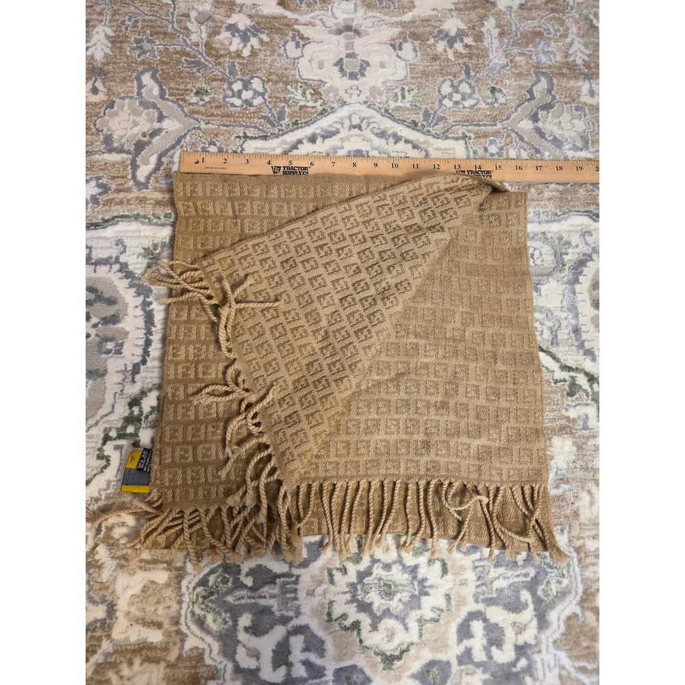 Fendi Zucca Monogram Scarf Tan Beige FF Logo Fringe Trim Rectangle Luxury Scarf - Picture 11 of 16